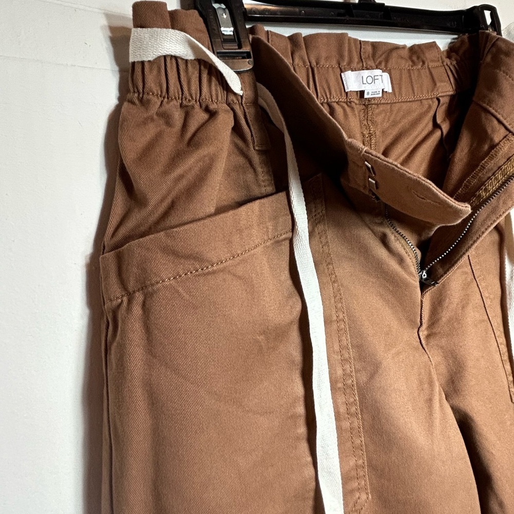 LOFT Soft Brown Straight Leg Pants with Cream Tie. Zip & Button Closure - Picture 6 of 13
